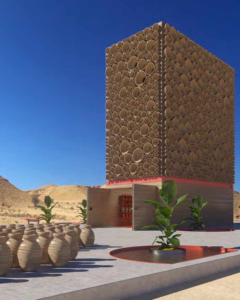 Pottery Lab — a perforated facade of sliced pots in A’ali, Bahrain